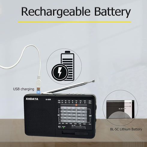 D-328 Portable Multi Band Radio Stereo MP3 Player with Rechargeable Battery, Earphone Jack, USB, Micro SD (Black)
