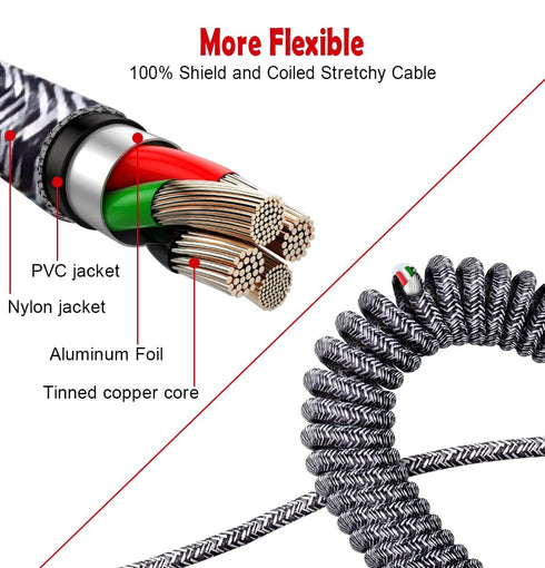 Zebra Black Anti Winding Coiled iPhone Charger Cord 2ft-8ft Right Angle for iPhone 14/13/12 Pro, Plus, Pro Max.