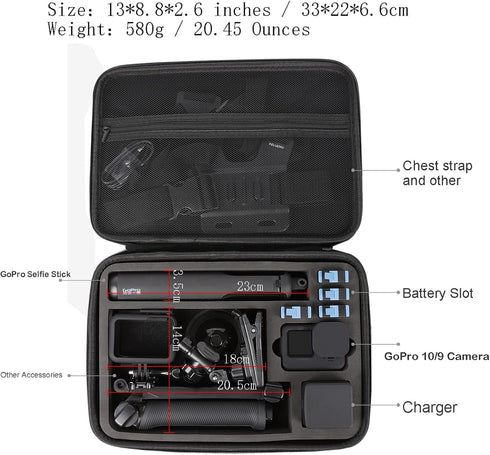 PellKing Large Carrying Surface-Waterproof Case for GoPro 12, 11, 10, 9 Camera, Hard Shell Bag with EVA Liner, Fully