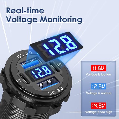 Upgraded 78W 12V USB Outlet Qidoe Charger Socket, 4 Port Dual 30W PD & Quick Charge 3.0 with Voltmeter & 3FT Cable