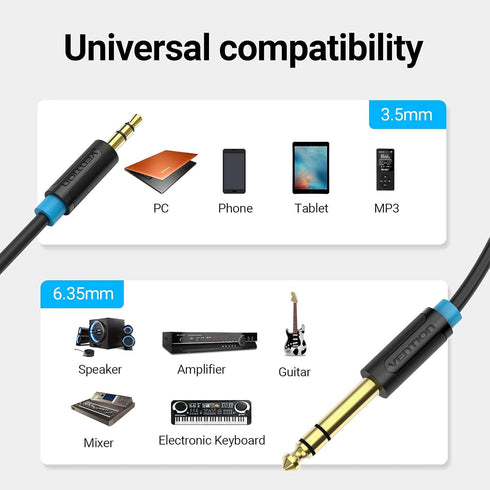 VENTION 3.5mm to 6.35mm Cable, 1/4" to 1/8" Adapter Male to Male TRS Stereo Audio Aux Jack Cable, 6FT