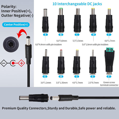 12V 2A Power Adapter Charger AC, 12V Regulated Power Supply with 10 Interchangeable DC Plugs for Electronics