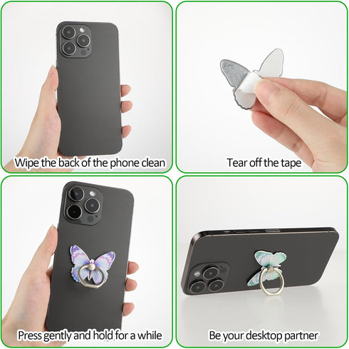 4Pcs Butterfly Phone Ring Stand, Colored Cute Butterfly Grip, Metal Cell Phone Finger Holder Compatible with Phones