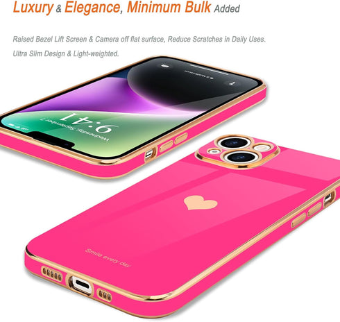 Teageo Cute Love Heart Case for iPhone 14 Plus - Luxury Plating Soft Bling Back Cover with Raised Full Camera