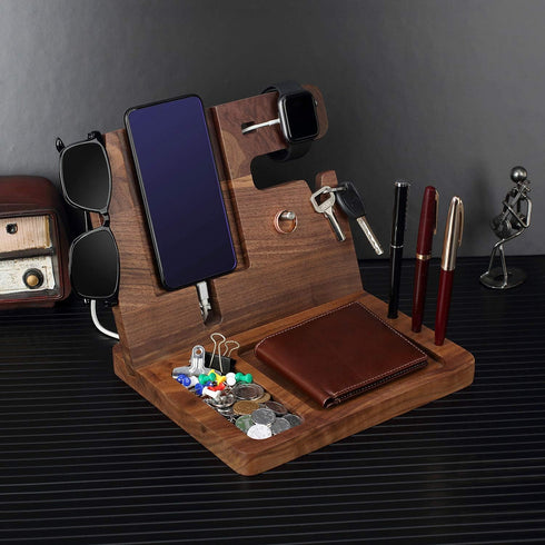 awofer Ebony Wood Phone Docking Station, Nightstand with Key Holder, Wallet Stand, Watch Organizer for Gifts