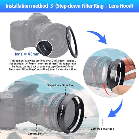 39mm Camera Lens Hood Compatible with All Brands Lenses with 39mm Filter Thread, Made of CNC Aluminum