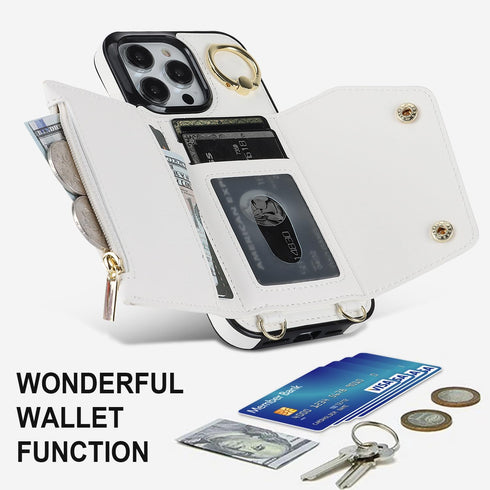 LUVI iPhone 15 Pro Wallet Case with Card Holder, Crossbody Neck Strap, Lanyard, Wrist Strap, White PU Leather Flip