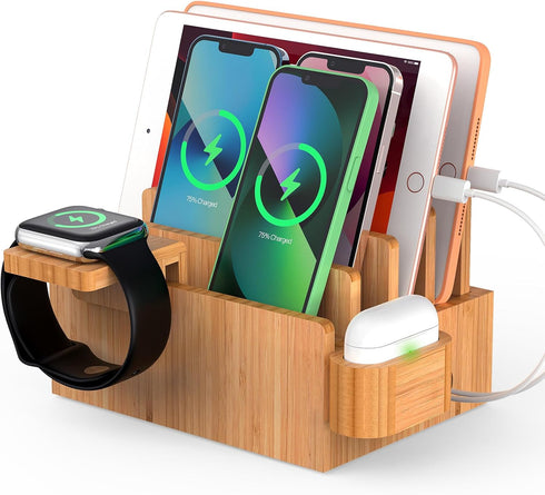 Pezin & Hulin Bamboo Charging Station Organizer for Multiple Devices, Desktop Docking Station for Phone, Tablet,