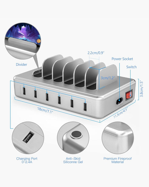 Charging Station for Multiple Devices - 6 Port Fast Charging Station for iPhone, iPad, Android, Tablet with 6 Mixed