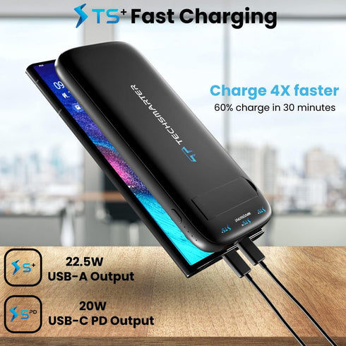 TECHSMARTER 15W Wireless Portable Charger, 10,000mAh Battery Pack, 20W USB-C, Anti-Slip Suction Cups, for iPhone