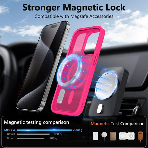 MOCCA Strong Magnetic Slim Translucent Case for iPhone 15 Pro, Military Drop Protection, Hot Pink