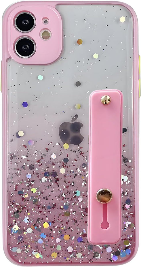 siduater Strap Holder Case for 6.1" iPhone 12 with Wristband Kickstand, Bling Glitter Sparkle Clear Cover (Pink)