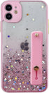 siduater Strap Holder Case for 6.1" iPhone 12 with Wristband Kickstand, Bling Glitter Sparkle Clear Cover (Pink)