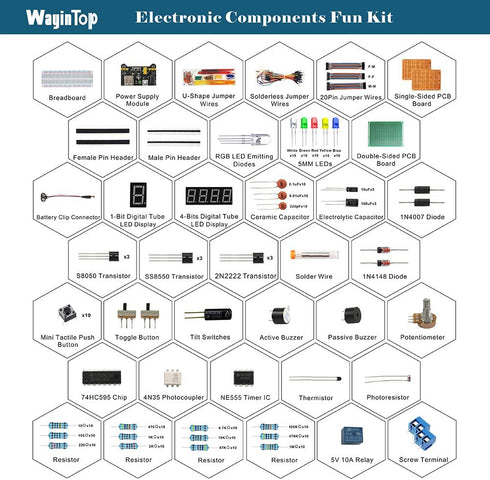 Electronics Component Fun Kit w/E-Book, Upgraded Electronic Starter Kit with Breadboard Jumper Wires Kit, PCB Soldering Kit, LEDs & Resisitor Kit for Arduino/for Raspberry pi/ESP32/ESP8266 by WayinTop