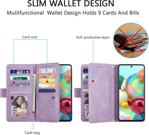 EYZUTAK Purple Wallet Phone Case for Samsung Galaxy A51(4G), Retro Matte with 9 Card Holder Slots, Zipper Pocket, PU