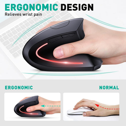 Bluetooth and 2.4G Rechargeable Wireless Mouse, Ergonomic Vertical Design, 1000/1200/1600 DPI, Black