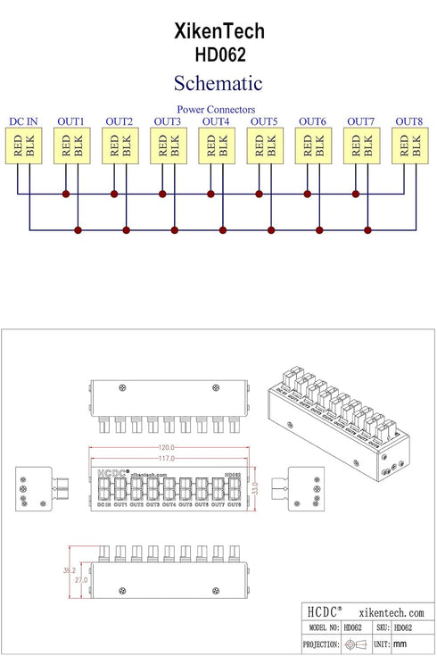 HCDC HD062 8 Output DC Power Distribution Block Module for 15/30/45A Connections