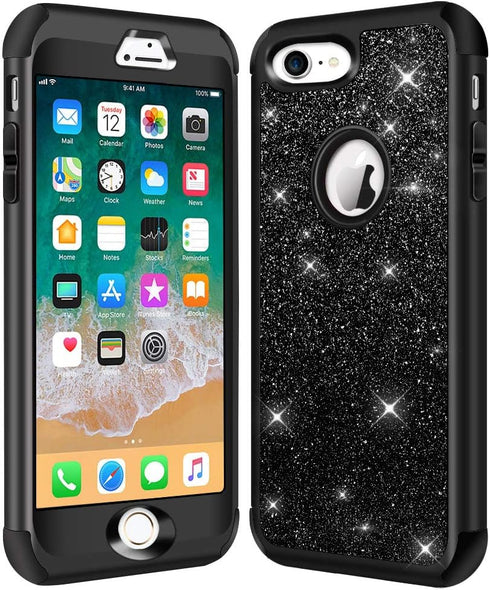 Hython Heavy Duty Full-Body Defender Case for iPhone 7 and 8, Bling Glitter Sparkle Hard Shell Hybrid - Black