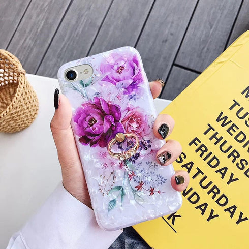 iPhone SE Case 2022/2020 by Qokey, for iPhone 7/8, Flower Cute Design with 360 Degree Rotating Ring (Purple Red)