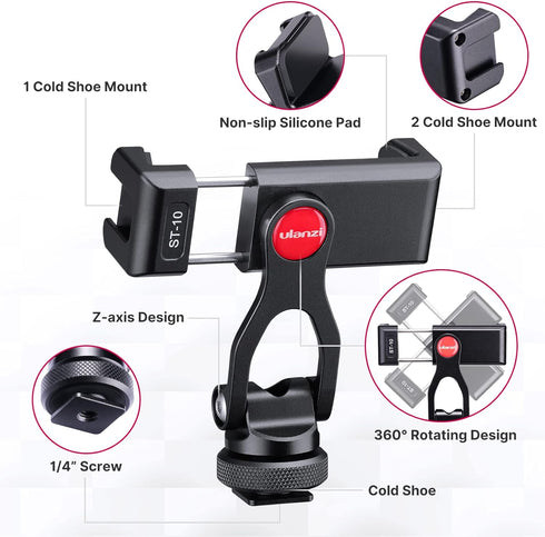ULANZI Metal Phone Tripod Mount ST-10, Universal 360° Smartphone Adapter with 2 Cold Shoe Mounts, Adjustable Cell Phone