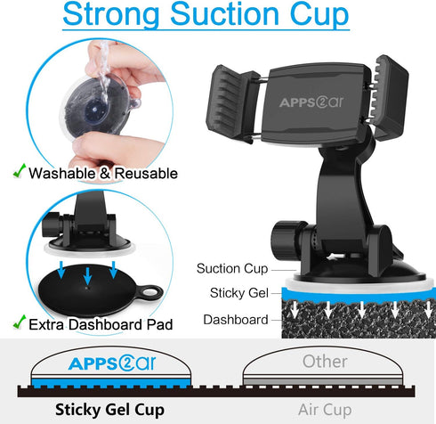 APPS2Car Adjustable Arm Suction Cup Phone Holder for Car, Low Profile Dashboard Mount Compatible w/All iPhone & Android
