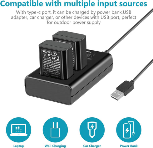 NEEWER NP-FW50 Camera Battery Charger Set, Compatible with Sony ZV-E10 A7 Series, 2 Pack 1100mAh Batteries, Dual Charger