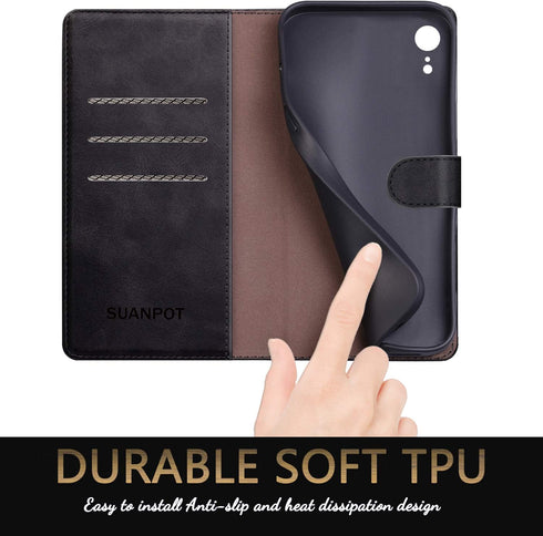 SUANPOT Leather Wallet Case for iPhone XR 6.1, RFID Blocking Credit Card Holder Flip Folio Cover for Men Women
