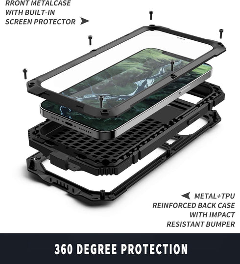 iPhone 12 Pro Max Metal Case with Kickstand, Built-in Screen Protector, Heavy Duty Shockproof, Black