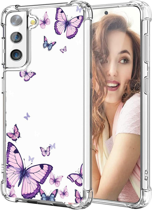 for Samsung Galaxy S21 FE Case, Alluring Purple Butterfly Pattern Slim Hard Cover, Shockproof Protective Women Phone -