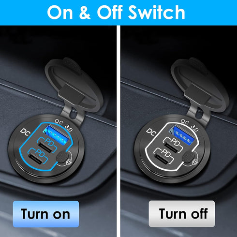 12V USB Outlet 78W - Qidoe Dual 60W PD & 18W QC3.0 Charger Socket with Switch for Marine, Motorcycle, Truck