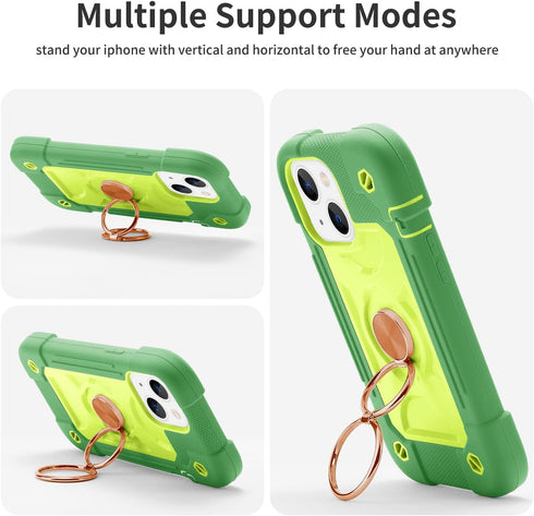 iPhone 14 & 13 Case, Avocado, Heavy-Duty Shockproof Military Grade Rugged Cover with Ring Stand and Screen Protectors
