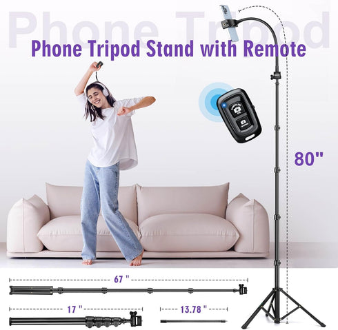 Nineigh 80" Phone Tripod, Selfie Stick Cellphone Tripod, Aluminum Tripods Stand for Video Photo Vlog, Travel Tripods