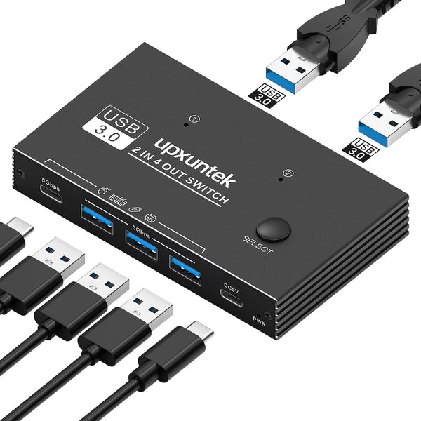 upxuntek USB 3.0 Switch Selector, 2 Computers Sharing 4 USB Devices, 5Gbps High-Speed