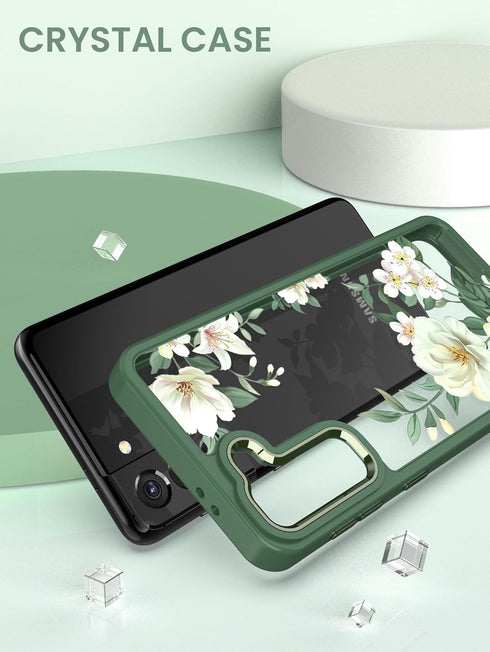 Dretal Galaxy S21 5G Case - Floral Design, Military Grade, Slim Hard Back & Soft Edge + Tempered Glass Protector (Green)
