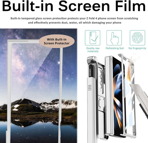 Miimall Samsung Galaxy Z Fold 4 5G Case with Built-in Tempered Glass Protector, Magnetic Hinge, Kickstand, Silver