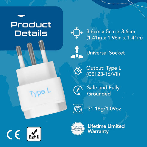 Ceptics Italy Power Adapter, Type L Plug, Universal Travel Adapter for Chile, Italy, 3 Pack