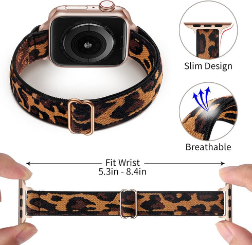 SICCIDEN Slim Stretchy Bands Compatible with Apple Watch Band 49mm 45mm 44mm 42mm, Women Nylon Thin Strap (Leopard/Rose