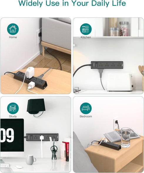Flat Wall Plug Extension Cord - Surge Protector Power Strip with 12 Outlets, 5ft Desk Charging Station for Home Office