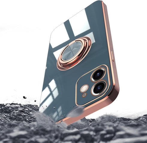 Omorro Ring Holder Case for iPhone 11, Built-in 360 TPU Rotation Kickstand, Glitter Plating Rose Gold Edge, Slim Luxury