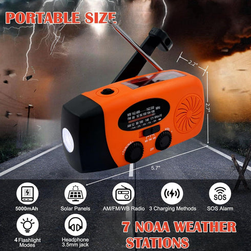 5000mAh Weather Emergency Radio, Portable Solar AM/FM/NOAA Hand Crank Radio with SOS, Power Bank (Orange)