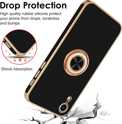 Hython iPhone XR Case - Black Soft TPU Bumper, 360° Rotatable Ring Stand, Shockproof, Rose Gold Edge, 6.1-Inch.