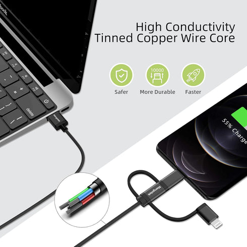 Mangotek 3-in-1 Charging Cable, Apple MFi Certified Adapter with USB A to Lightning/Type C/Micro USB Connectors