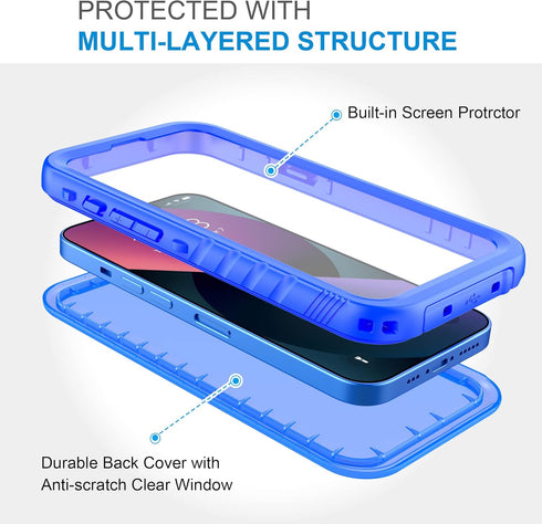 SPORTLINK Waterproof Case for iPhone 13 Pro, Full Body Shockproof Dustproof Phone Screen Protector, Blue