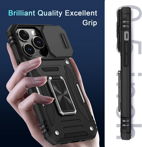 DEERLAMN iPhone 14 Pro Case - Black, 6.1" Military Grade Shockproof, Slide Camera Cover, Screen Protector & Kickstand.