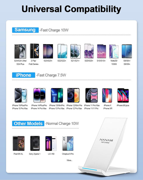 NANAMI Fast Wireless Charger - Qi Certified Charging Stand 7.5W for iPhone 15/14/13/12/SE 2020/11/XS Max, 10W for