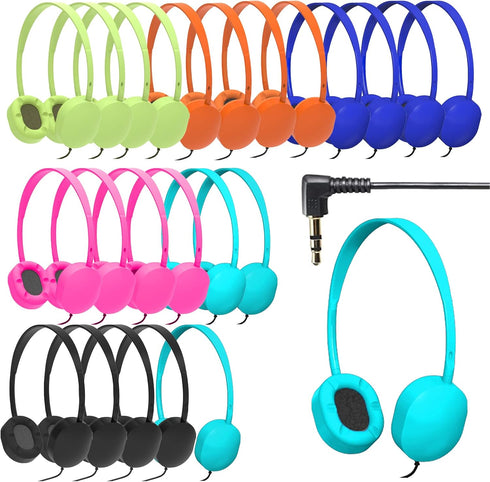 GEEKRIA 24 Pack Wired Headphones for Classroom, Adjustable On-Ear Headphones for Kids, Wholesale Children Headset
