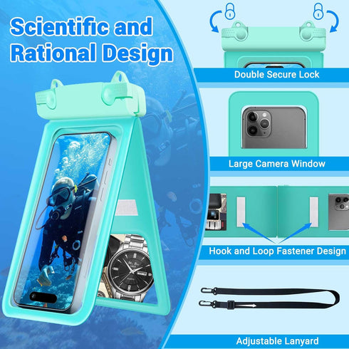 Waterproof Phone Pouch, IPX8 Double Space Cell Phone Case for iPhone 15/14/13 Pro Max Plus (Light Green)