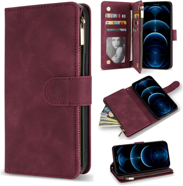 ZZXX for iPhone 12 Pro Max Wallet Case with Card Slot, Premium Soft PU Leather Zipper Flip Folio Wallet (Wine Red)