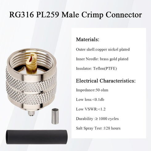 PL-259 Male Crimp Connector, UHF SO239 Crimp Coax Connector for RG316 RG174 Coaxial Cable (Pack of 10)