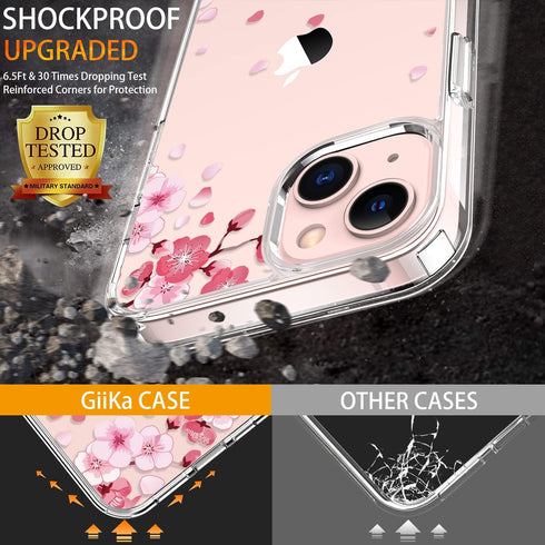 GiiKa iPhone 13 Case with Screen Protector, Clear Floral Shockproof Hard Case with TPU Bumper, Pink Floral